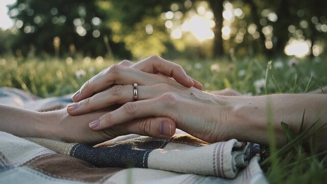 Sunlight brightening, adult hands shifting, fingers interlocking on blanket at park, gold ring