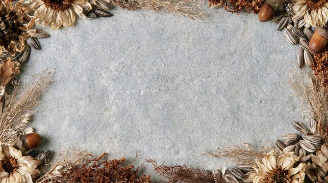 Sunflower seeds and autumn elements frame the edges of a rectangular sandstone surface with dried sunflower petals, striped seeds, acorns, fine grasses