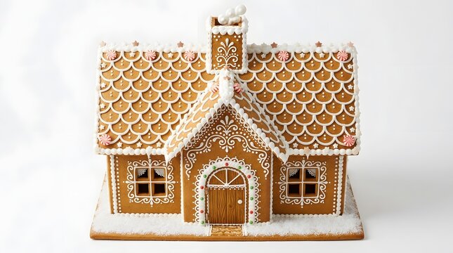 Festive gingerbread house decorated with white icing and peppermint candies isolated on white background