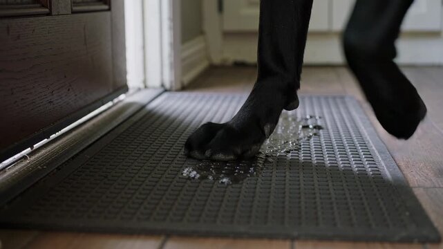 Sniffing entryway door scent, black dog with collar pressing nose against doorknob
