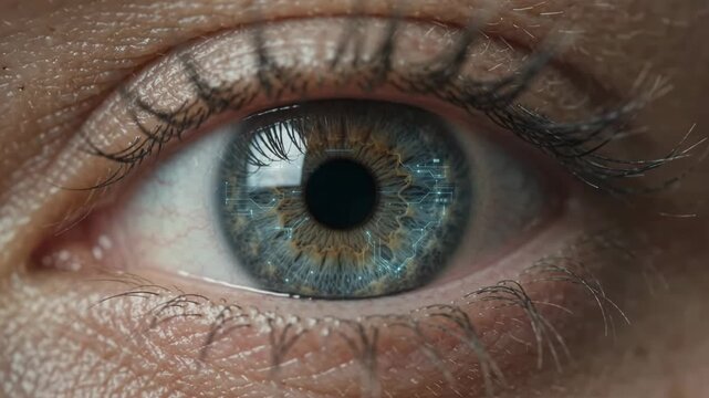 Close-up of a human eye with cybernetic implants and digital data overlay