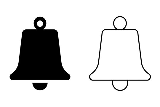 Set of two simple black and white vector icons representing classic bells with ring loops and clappers