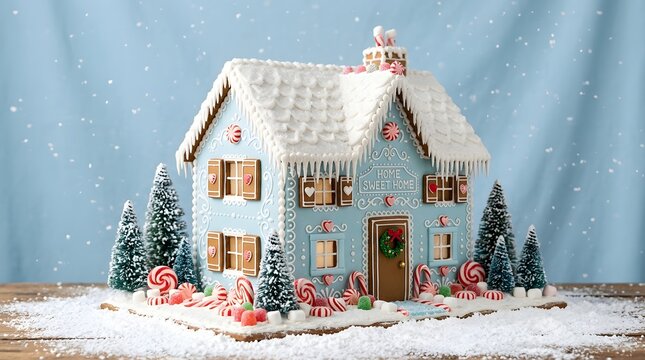 Beautiful blue gingerbread house decorated with icing and candy, surrounded by miniature christmas trees on a snowy wooden surface