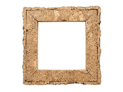 Square picture frame crafted from natural brown cork featuring a rough speckled texture and uneven bark outer edges transparent background
