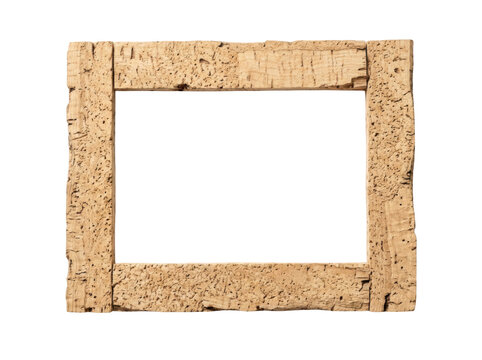 Rectangular picture frame crafted from natural brown cork featuring a rough speckled texture and uneven bark outer edges transparent background