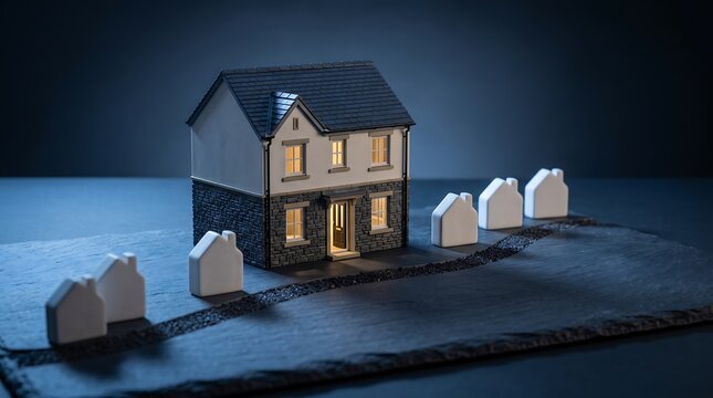 Un agente immobiliare presenta una casa modello circondata da miniature bianche su un tavolo di ardesia scura.
