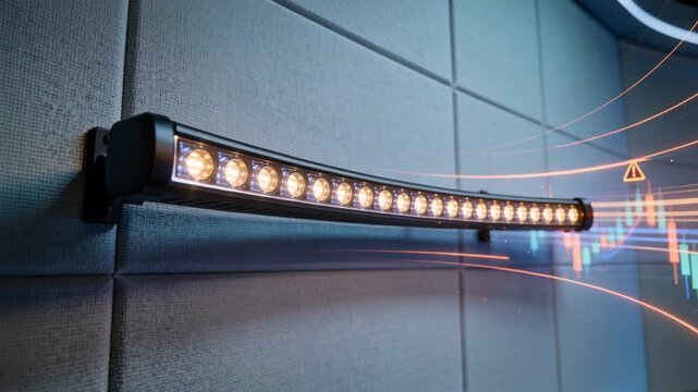 Animating curved display sending orange streaks and lighting LED bar on studio padded wall