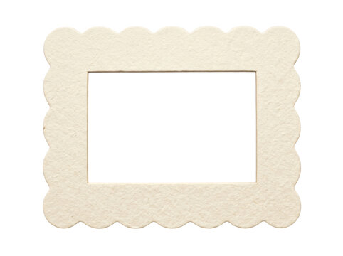 Rectangular picture frame crafted from light beige textured handmade paper featuring decorative scalloped outer edges and a clean rectangular inner aperture transparent background