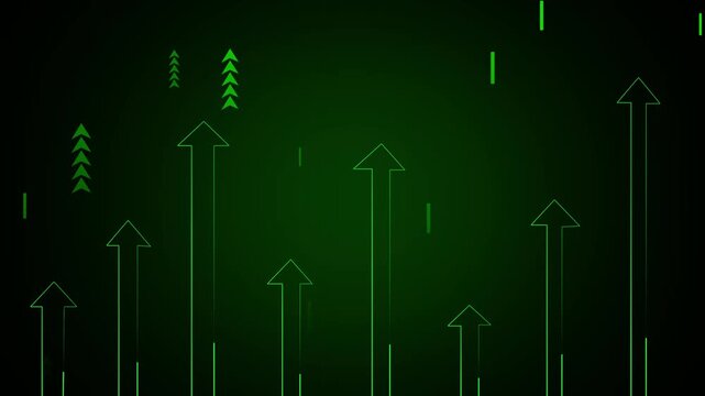 Upward arrows animation displays rising directional lines on a dark plane. Progressive growth navigation telemetry routes on upward arrows. Motion graphics guide arrows.