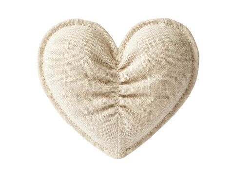 Puffed heart shape crafted from natural beige woven textile featuring a tactile canvas texture and neatly stitched decorative seams along the curved outer ed transparent background