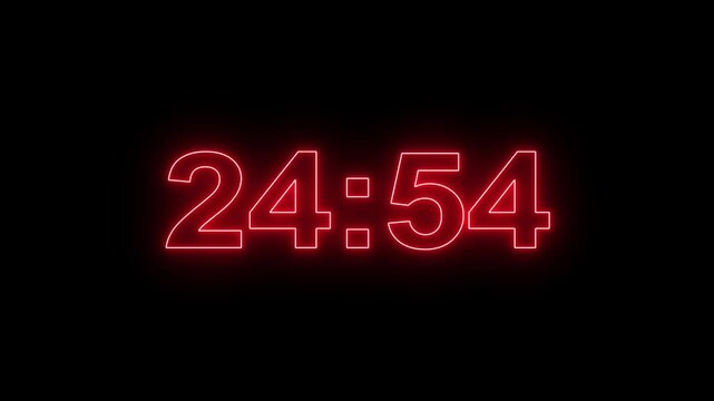 Glowing neon 25 minute Countdown. neon 25 to 24 minute Countdown timer on black background. neon Countdown timer from 25 minute to 24 minute suitable for presentations, educational.