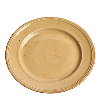 Empty ceramic plate with rustic brown speckles and glossy glazed finish isolated on transparent background