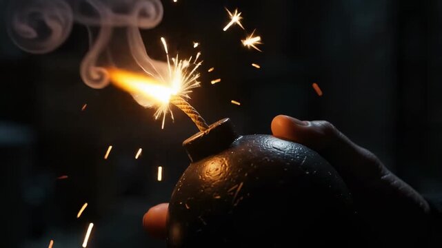 Man holding a spherical black bomb with a burning lit fuse in a dark gritty alleyway at night, close-up of explosive device with sparks and smoke symbolizing danger, threat, and crisis.