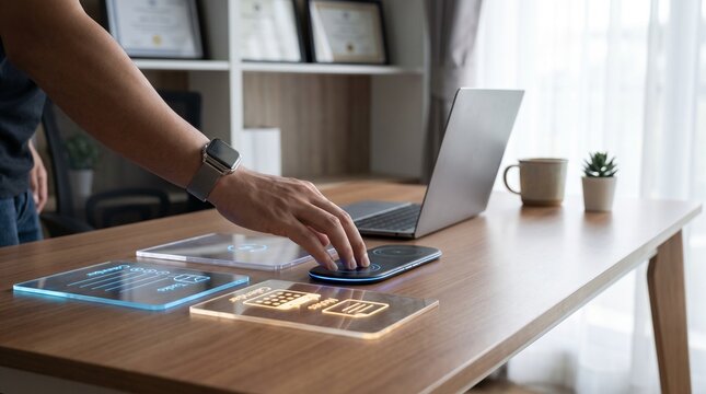 Man interacting with modern futuristic transparent touch screen tablet and holographic displays at home office desk