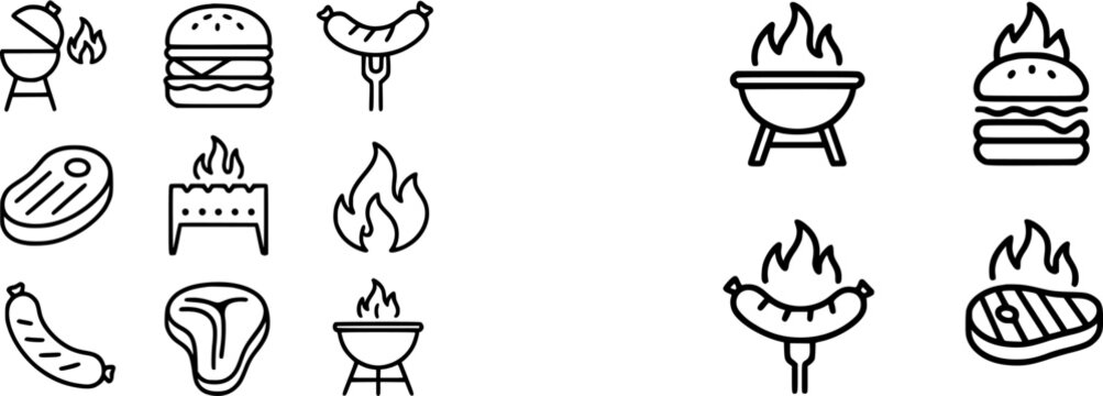 The image showcases a variety of barbecue icons, including burgers, sausages, steaks, and hot dogs, all set against a black background with subtle flames and grill marks