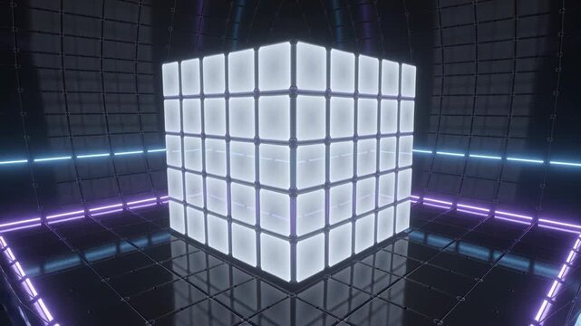 Camera moving, large modular cube splitting into tilted cubelets in tech chamber, revealing lattice