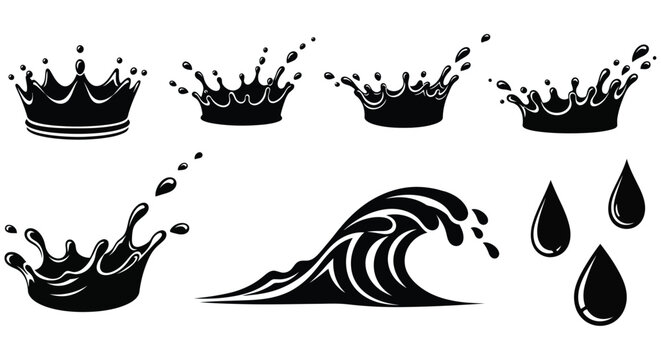 Black and white vector illustration depicting crowns splashes waves and water droplets