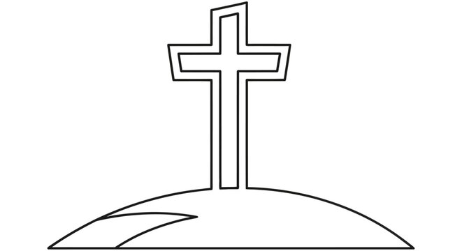 Line art depiction of a christian cross standing on a small mound