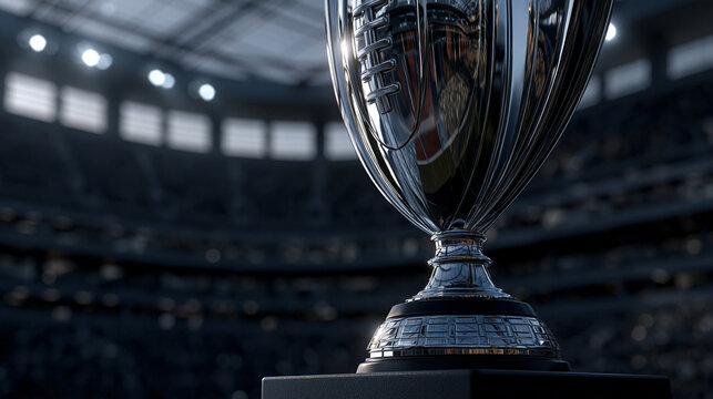 Shiny silver football trophy standing on dark pedestal with illuminated blurred stadium background for championship event.
