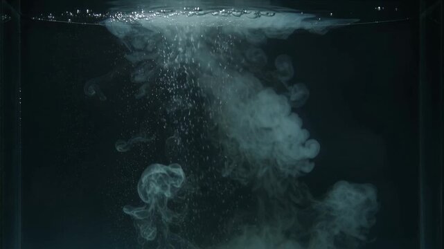 Forming dense white plume descending, breaking in glass tank after droplet release, rising bubbles