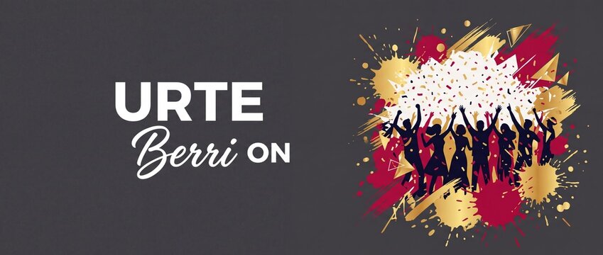Urte Berri On New Year celebration banner background featuring crowd silhouette dancing with festive gold red paint splash, confetti explosion and copy space for Basque holiday party greeting card.