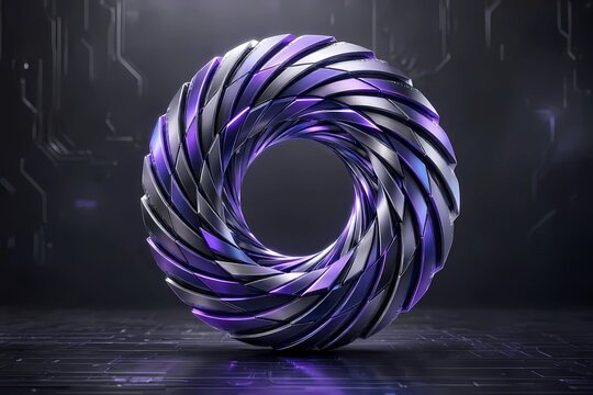 Futuristic 3D abstract metallic torus ring with purple and silver blades on a dark technology background