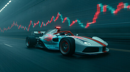Fototapeta premium Sleek white and red formula one race car speeding on futuristic track against dynamic stock market chart.