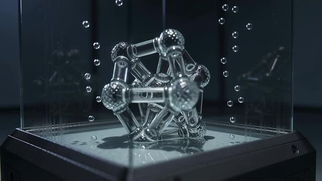 Starting motor rotating glass node-strut sculpture in clear cube, revealing droplets and screws