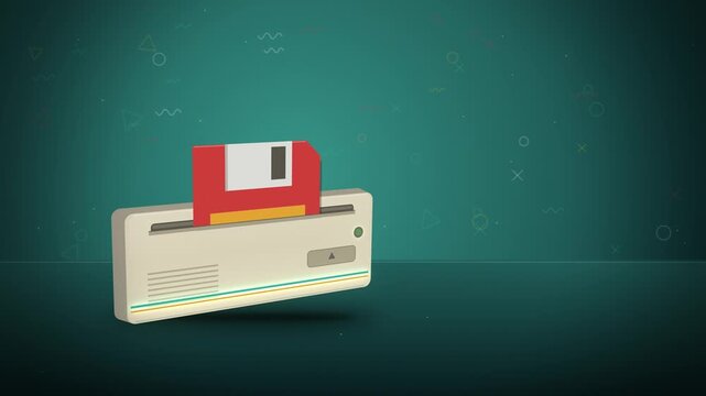 Red floppy disk sliding into beige disk drive close-up on teal