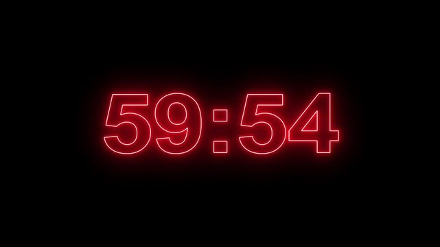 Glowing neon 60 minute Countdown. neon 60 to 59 minute Countdown timer on black background. neon Countdown timer from 60 minute to 59 minute suitable for presentations, educational.