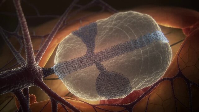 Activating lobed mass sending white bands along grooves from neural contact in tissue