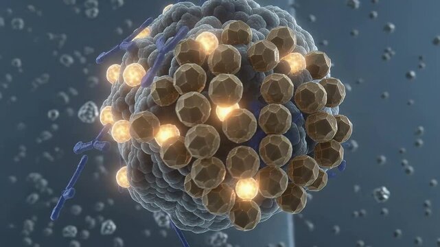 Emitting bright spot, macromolecular cluster binding Y-shaped antibodies in aqueous medium, caps