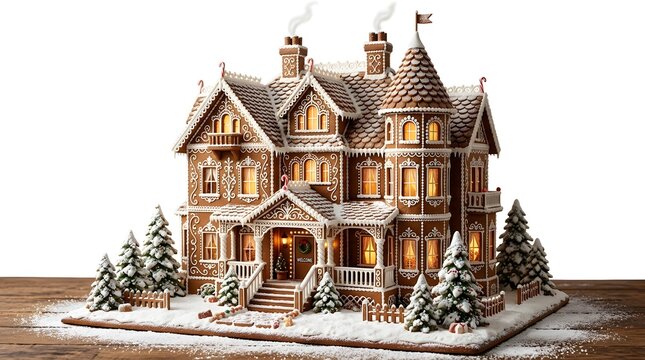 An elaborate, large victorianstyle gingerbread mansion with intricate icing details, illuminated windows, and snowy surroundings isolated on white background