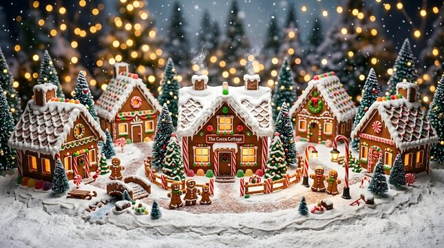 Cozy gingerbread village with gingerbread family and candy decorations at night