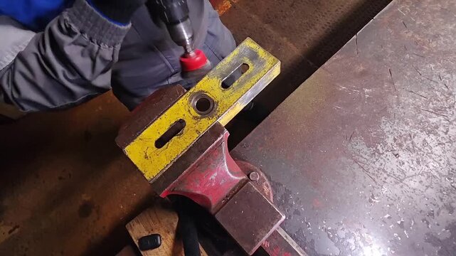 Worker drills through yellow steel plate with power tool during workshop metalwork. Drilling action stays focused on clamped workpiece, with gloved hands controlling pressure and alignment.