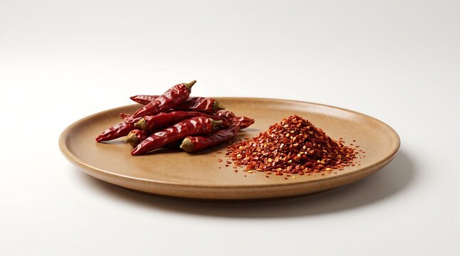 Whole dried red aleppo pepper pods and crushed flakes arranged together on a ceramic plate
