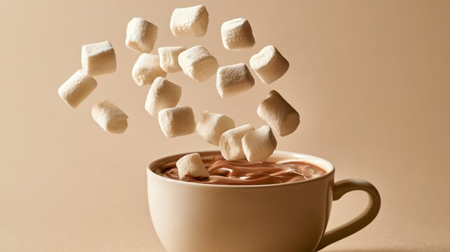 Hot chocolate autumn scenes gain visual energy as mini marshmallows fall toward a cup from above, with several pieces suspended in midair