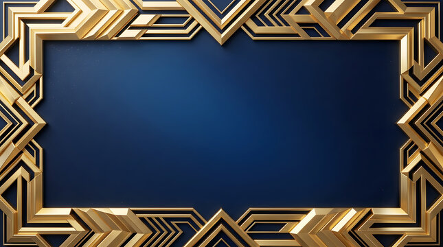 Elegant art deco frame with metallic gold geometric border over dark blue background.