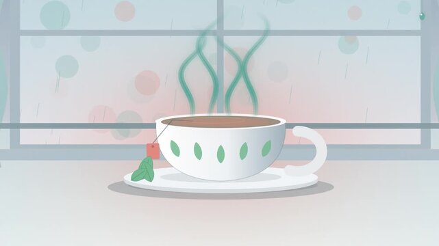 Close-up herbal tea cup with green steam and tea bag by rainy window