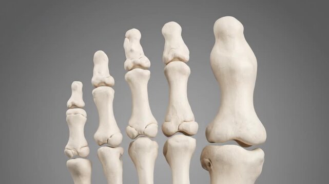 Close-up of Human Foot Bones and Phalanges on a Gray Background.