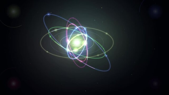 Glowing atom structure with neon orbital rings on dark space background in a seamless loop