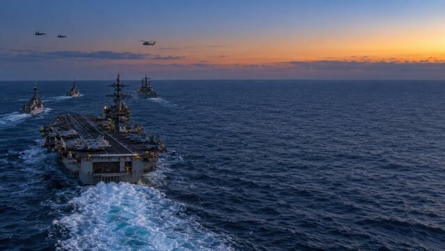 Aircraft Carrier Strike Group Sailing in Formation with Fighter Jets and Helicopter at Sunset