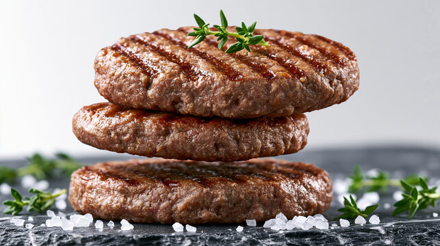 Three grilled hamburger patties stacked on a dark stone surface with sea salt and thyme garnish.