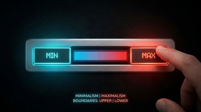 Human finger pressing a glowing max button on a digital control bar with blue min and red max indicators on a dark background