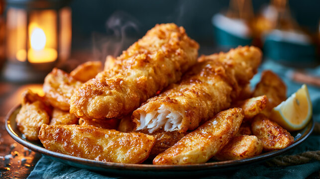 Traditional fish and chips platter with golden battered fillets and lemon wedge for pub style dinner menu advertisement.