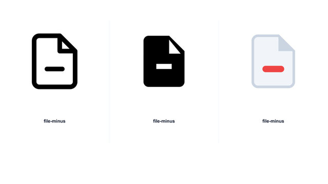 File minus variations featuring a black outline, a solid black silhouette, and a light blue document with a red minus sign on white background