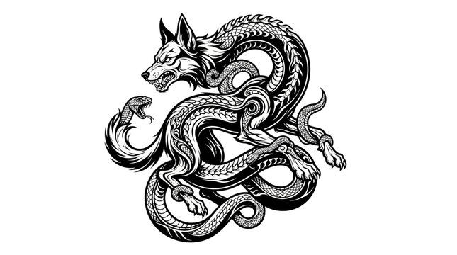 Mythical Wolf Serpent Hybrid Tattoo Style Vector Illustration