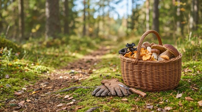 Wicker basket full of wild mushrooms on a forest path with foraging gloves and knife. Autumn woodland harvest of edible boletes and chanterelles
