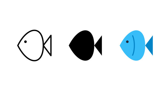 Three variations of a fish including outline, solid black, and blue filled versions on a white background, for marine life