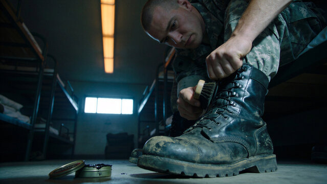 Low angle shot of a soldier polishing combat boots with brush and wax tin in military barracks room.